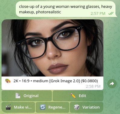 Syragen Telegram image generation result with original, edit and video actions